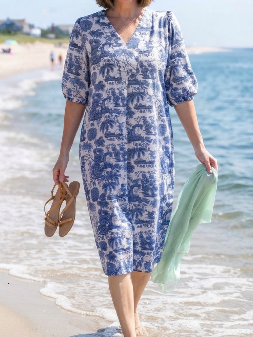 Blue White Toile Linen Puff Sleeve Midi Cynthia Rowley Dress L Coastal Nautical